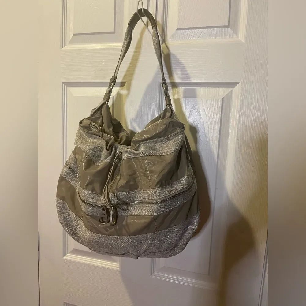 Juicy Couture Nylon taupe & cotton silver shimmery hobo bag leather strap